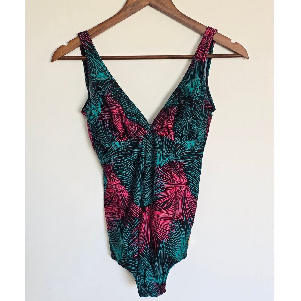 Vintage Triumph One Piece Swimsuit Tropical Print Plunge Neck Size S